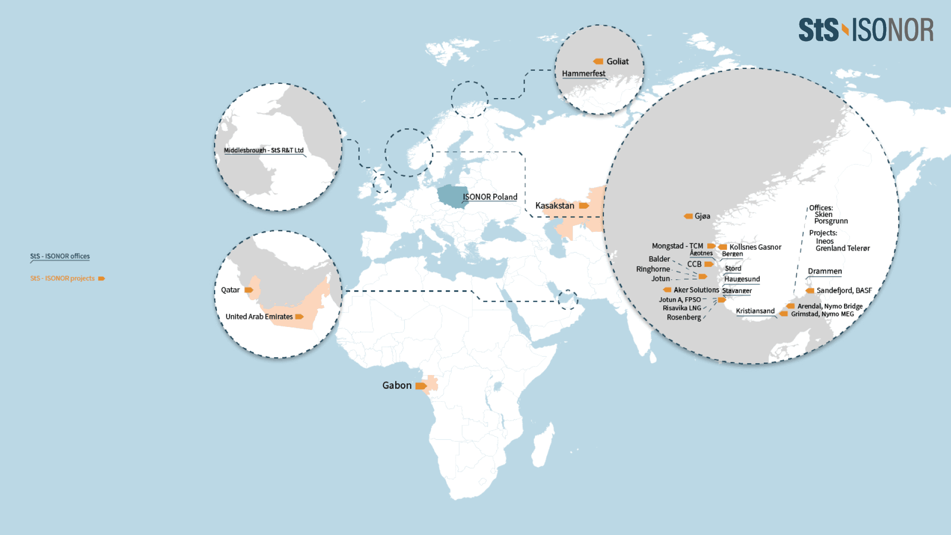 kart over StS-ISONOR sine kontorer og prosjekter
